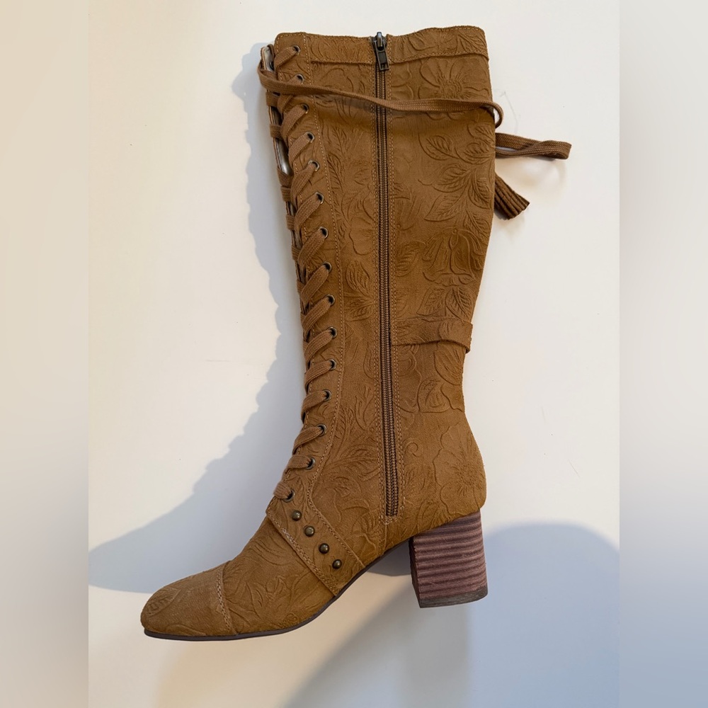 JOYFOLIE MARITA TALL BOOT IN PECAN Tan Lace-Up Knee-High Boots Floral Sude - Picture 8 of 11